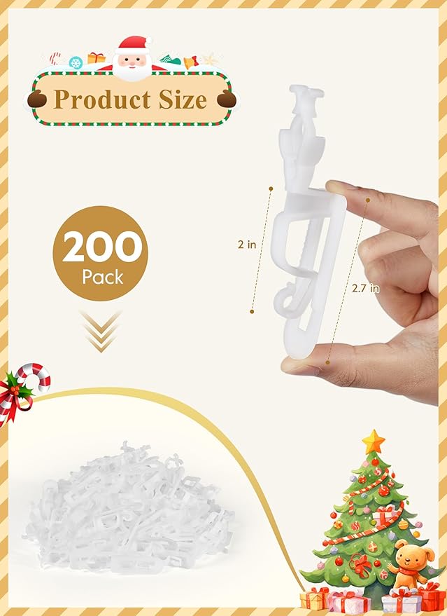 Universal Christmas Lights Shingle Clips, 200 Count All in One Gutter Clips, Shatterproof All Purpose Shingle Clips for C7/E12, C9/E17, Mini String Lights, Rope Lights, Outdoor Christmas Decorations