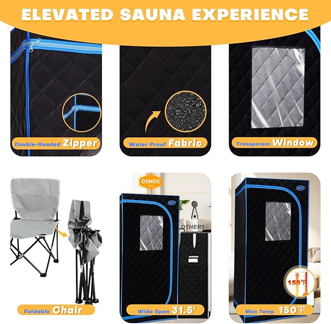 Portable Steam Sauna Tent Full Size, Oversized Personal Sauna Kit for Home Spa, Lightweight Sauna Box with Steamer, Time & Temperature Remote Control, Foldable Chair, 32'' x 32'' x 63''
