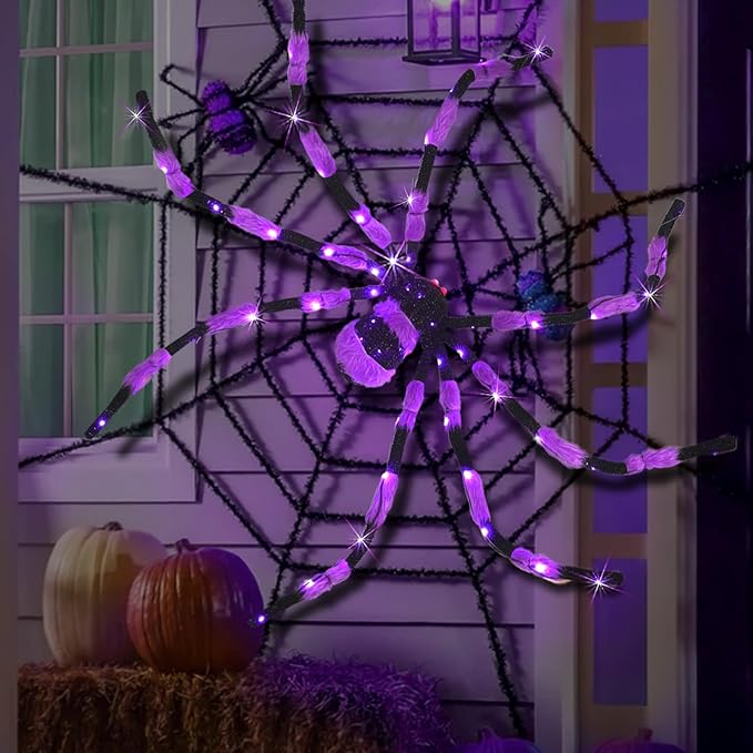Giant Spider Halloween Decorations, 60” Large Black Hairy Scary Virtual Realistic Spider with 56 LED Purple Lights Red Eyes Timer for Spiderweb Indoor Outdoor Yard Party Halloween Decor
