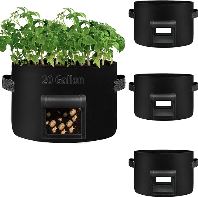 TCBWFY 20Gallon Potato Grow Bags with 2 Flaps,4 Pack Heavy Duty 14oz/yd² Potato Grow Bags,Planting Bag with Sturdy Handles and 2 Harvest Windows,Vegetable Grow Bags for Planting Potato,Carrots