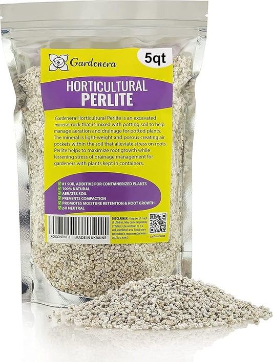 Organic Perlite — Medium/Fine Grade (5qt) Horticultural Soil Amendment for Indoor & Outdoor Container Plants for Drainage Management and Enhanced Growth