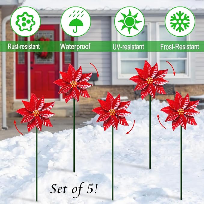 5 Pack Metal Poinsettia Wind Spinners for Garden,Outdoor Lawn Ornaments,Christmas Yard Decorations,Garden Stake and Decor for Outside