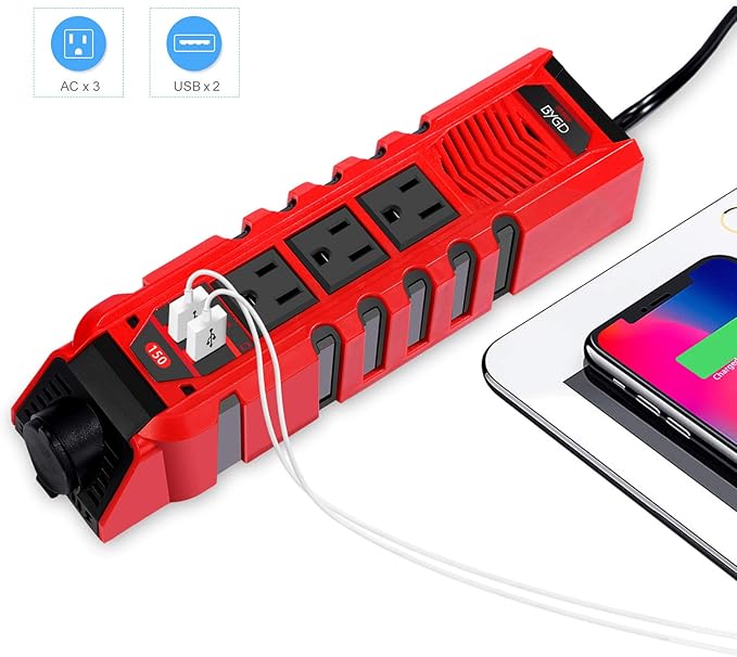 150W Car Power Inverter DC 12V to 110V AC Converter with 3 AC Outlets 2 Quick Charger 4.8A Dual USB Ports Cigarette Lighter Socket Charger Adapter