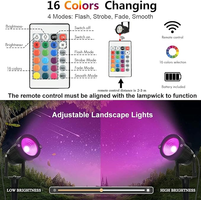 Low Voltage Landscape Lights Color Changing RGB 5W DC12V LED Landscape Lighting Outdoor Waterproof Spotlight Remote Control for Garden Pathway Christmas Decorative Light(8, Multi-Colored)