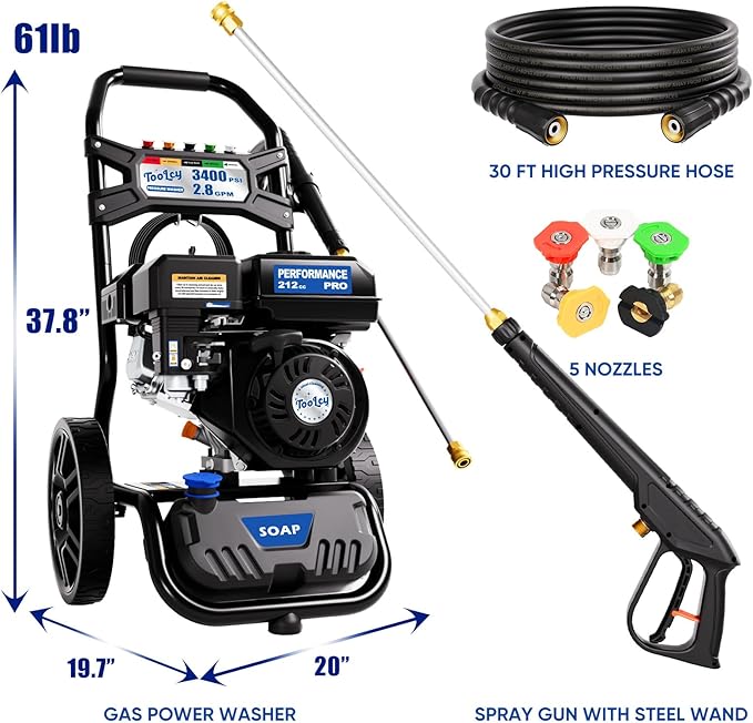 TOOLCY 3400 PSI Gas Pressure Washer, High-Performance 212cc OHV Engine, Reinforced Pump. Onboard Soap Tank, 30FT Hose, Spray Gun & 5 Nozzles, Max 2.8 GPM, Great for