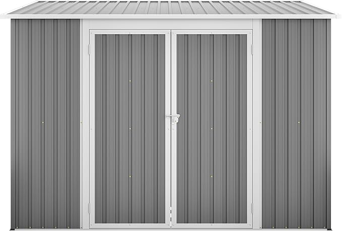 8x6 FT Outdoor Storage Shed with Sloping Roof, Lockable Double Doors & Adjustable Side Door, Weatherproof with Frame Floor, Compact Metal Tool Shed for Garden, Backyard and Patio