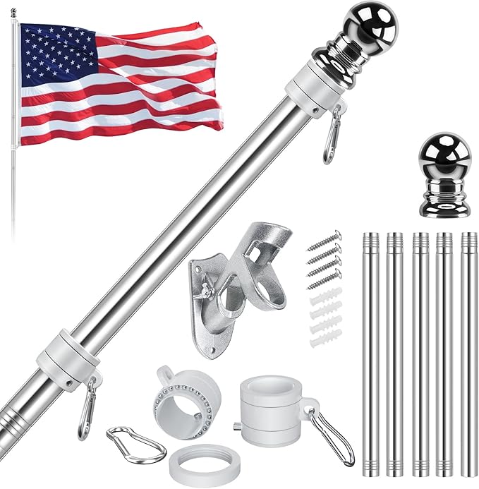Jetlifee American Flag Pole Kit, Including 100% Polyester 3x5 ft US Flag, 5 Ft Aluminum White No Tangle Spinning Pole and Multi-Position Flag Pole Bracket