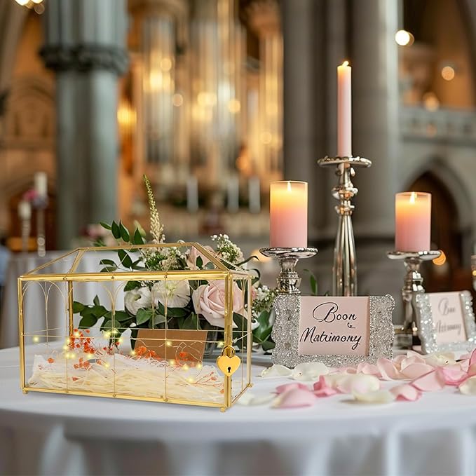 Wedding Glass Cards Box with Slot - 10.26 x 5.91 x 7.99 inch, Envelope Card for Birthday Party Reception Box, Home Tabletop Decor Clear Black Terrarium with Lock Glass Terrarium