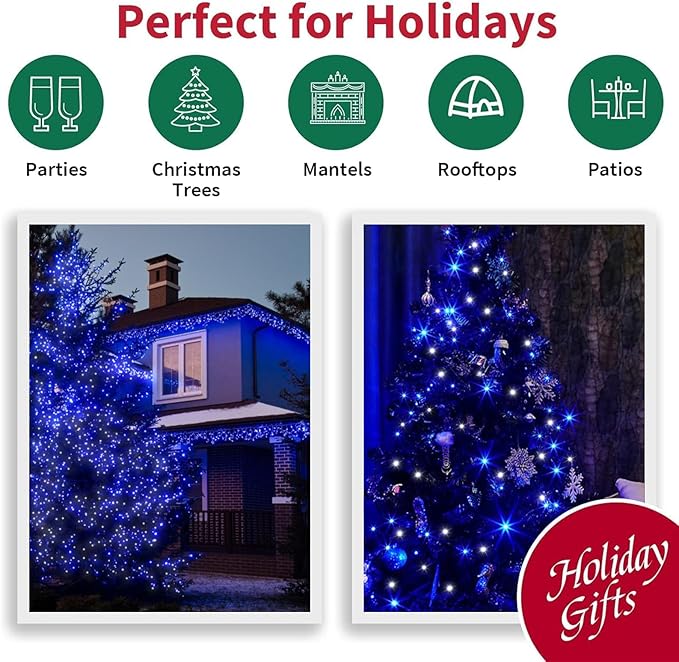 66ft Christmas Decorative Mini Lights, 200 LED Transparent Wire Fairy Starry String Lights Plug in, 16 Lighting Modes for Indoor Outdoor Xmas Tree Wedding Party Decoration (White +Blue)