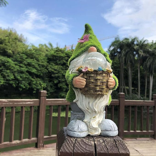 Garden Gnomes Statues, Outdoor Gnome Decorations for Yard Patio Lawn Porch, Home Decor Sculpture Figurine Holding Flower Basket Solar Lights, Cute Ornaments Ideal Gifts