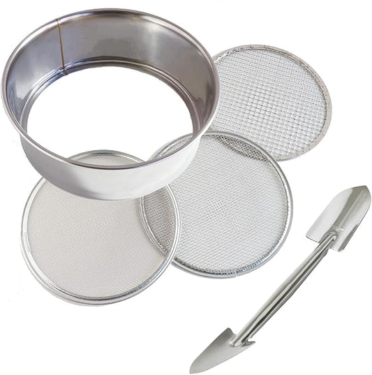 Wazakura Stainless Steel Soil Potting Set with 3PCS Soil Sieve Set and Soil Scoop, 3 Interchangeable Sieve Mesh Filter Sizes, Bonsai Gardening Tool Kit - Sieve + Scoop