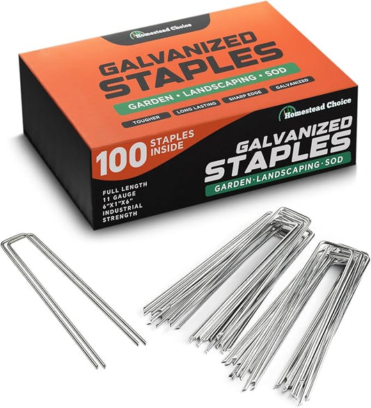 6 Inch Galvanized Landscape Staples - 100 Metal Garden Stakes for Gardening - 11 Gauge Anti-Rust Heavy-Duty Ground Sod Pins Yard Stakes for Weed Barrier Fabric Irrigation Tubing Hose
