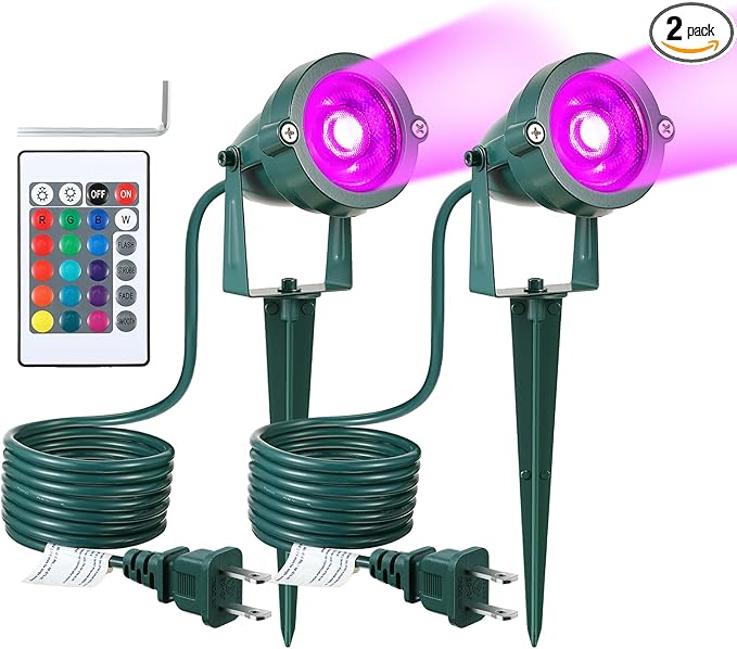 Enhon 2 Pack Halloween RGBW Spotlight Outdoor, Waterproof Landscape Lighting 120V LED Spot Lights with Remote Control Color Changing, Outdoor Stake Lights for Holiday Garden Yard (Patent Pending)
