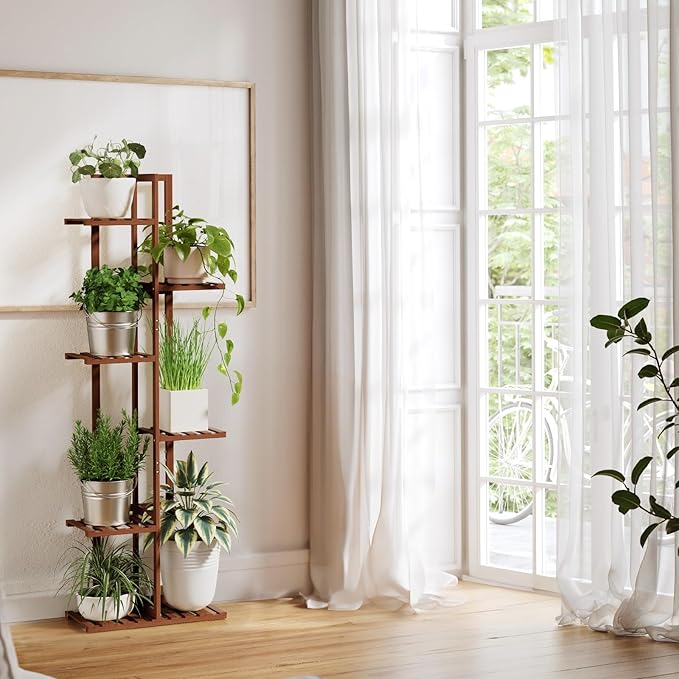 ROSSNY Plant Stand Indoor, 6 Tier 7 Potted Bamboo Plant Stands for Indoor Plants, Corner Plant Stand, Tiered Plant Stands, Plant Shelf For Indoor, 48 Inch Tall Planter Holder for Multiple Plants Indoor, Brown