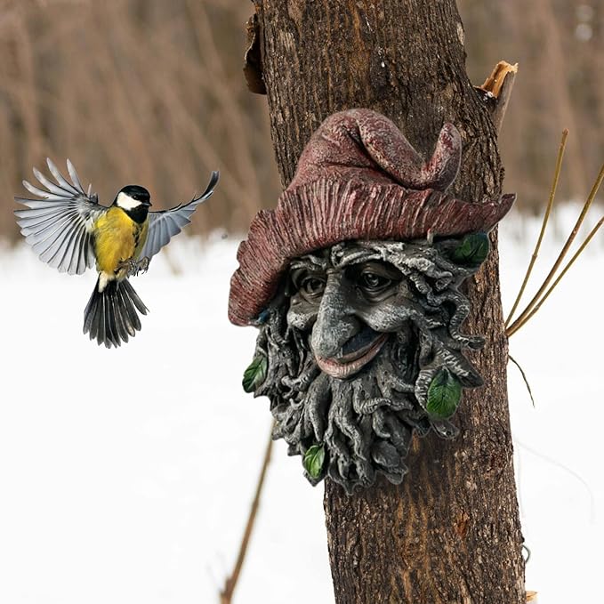 Tree Face Sculpture, Funny Red Cap Old Man Tree Hugger Statue, Indoor & Outdoor Creative Props for Garden and Home,9" x 7" x 2.4"