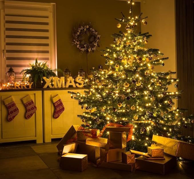 33ft Golden Christmas Decorative Mini Lights, 100 LED Transparent Wire Fairy Starry String Lights Plug in, 11 Lighting Modes, for Indoor Outdoor Xmas Tree Wedding Party Decoration (Yellow)