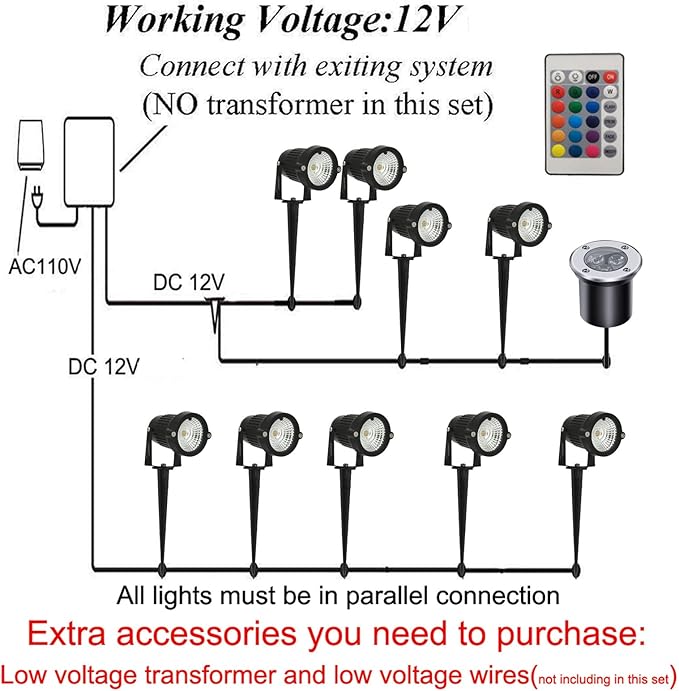 Low Voltage Landscape Lights Color Changing RGB LED Landscape Lighting with Connectors Outdoor Waterproof Spotlight Remote Control for Garden Pathway Christmas Decorative Light(5W DC12V 10P