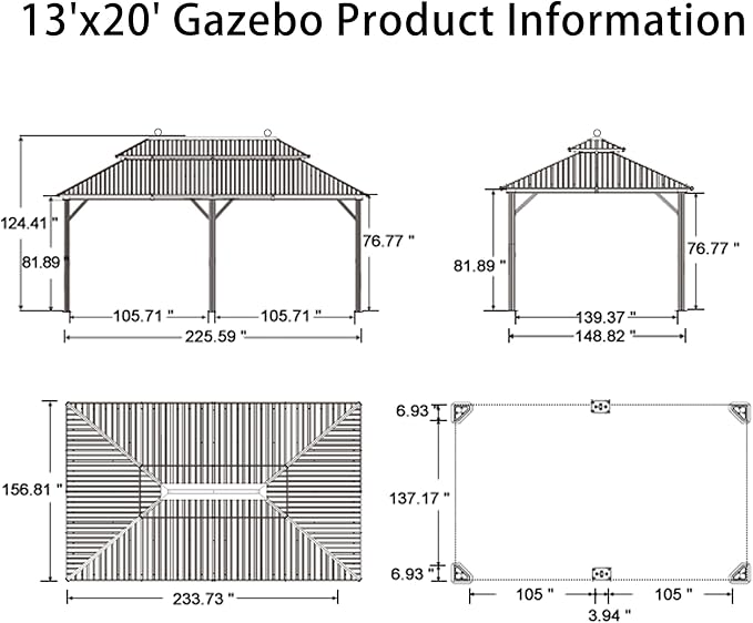 PURPLE LEAF 13' X 20' Outdoor Hardtop Gazebo Patio Wide Aluminum Frame Metal Double Roof with Heavy Duty Netting and Curtains for Permanent Hard Top Pavilion Screen, Khaki