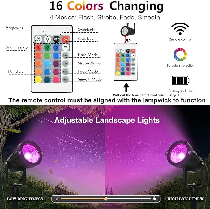 Low Voltage Landscape Lights Color Changing RGB LED Landscape Lighting with Connectors Outdoor Waterproof Spotlight Remote Control for Garden Pathway Christmas Decorative Light(5W DC12V 10P