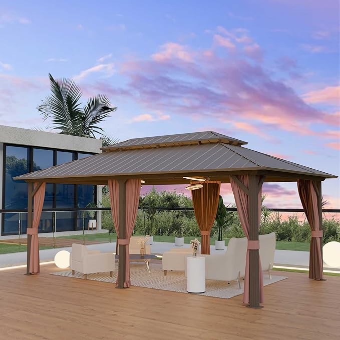 12'x20' Hardtop Gazebo, Outdoor Aluminum Frame Galvanized Steel Double Roof Pavilion with Netting and Shaded Curtains, Permanent Metal Pergolas for Patio, Backyard, Deck and Lawns.
