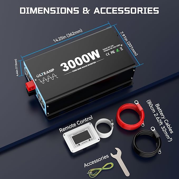 New Upgraded 3000 Watts Pure Sine Wave Inverter, 12V DC to 110V AC Power Inverter with 4 AC Outlets, USB Port, Type-C Port for Truck, Vehicle, Power Outage, Remote Control with LCD Screen