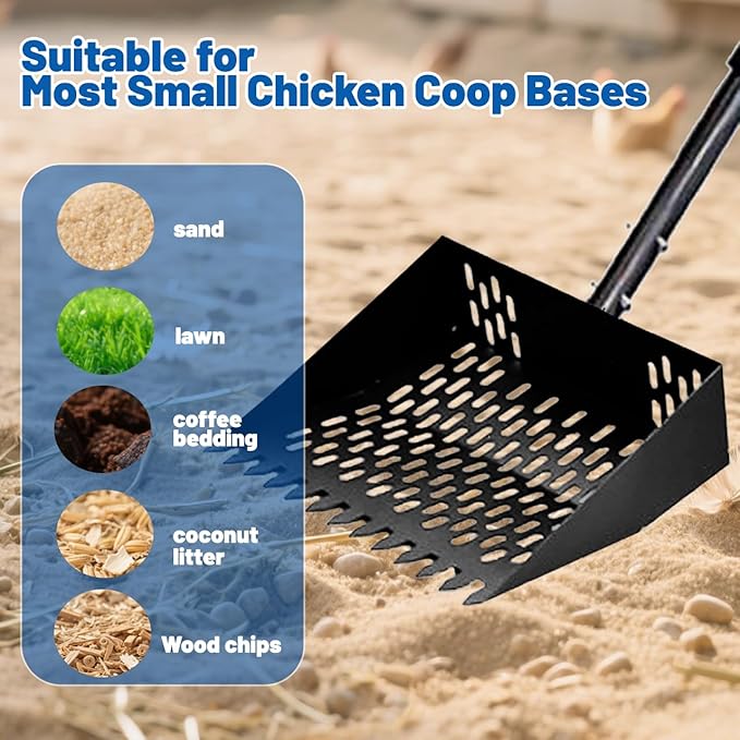 Chicken Coop Scoop 2-in-1 Chicken Poop Scooper & Rake - 62" Adjustable Sand Sifting Shovel Cleaning for Chicken Coops Animal Pens, Reinforced Joint