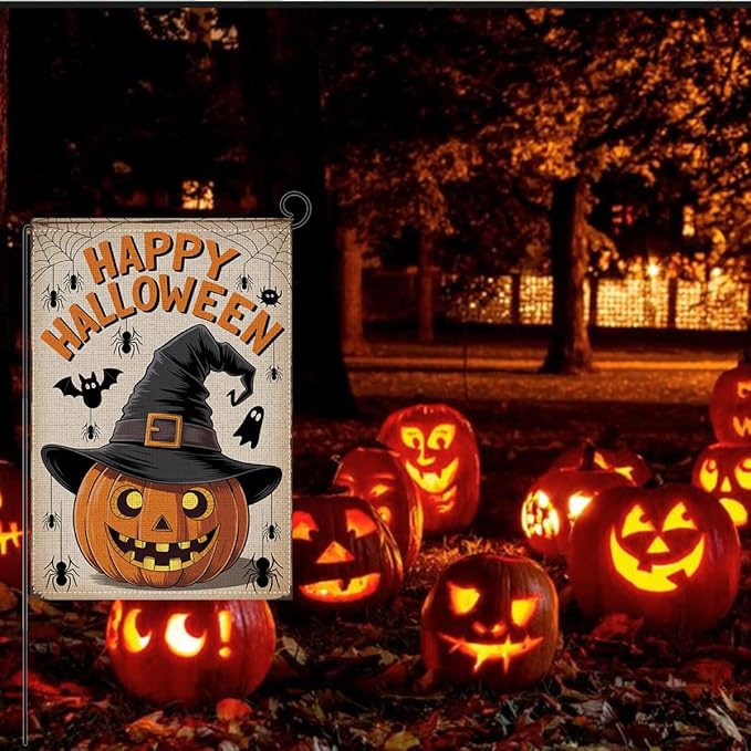 HTBIG Halloween Pumpkin Garden Flags, Happy Halloween Spooky Pumpkin Decor, Yard Flags for Outside 12x18 inch, Outside Yard for Home Decorations