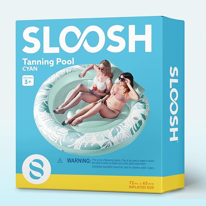 SLOOSH Inflatable Tanning Pool Lounger Float,72" x 65" Pool Floats Adult with Pillow,Luxury Fabric Large Suntan Tub Raft Floatie,Sunbathing Bed Lounge for Water Blow Up Kids Ball Pit Party Gifts,Cyan