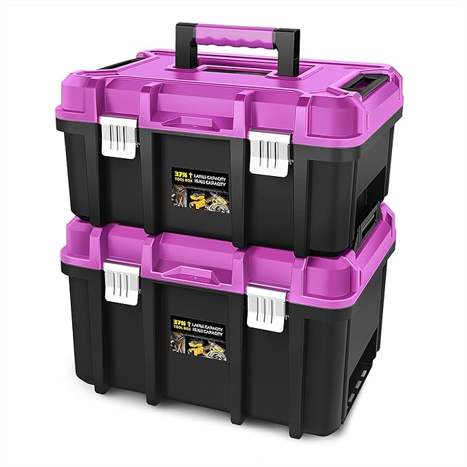 DNA MOTORING 2pcs Tool Boxes Set - Lockable Organizer Storage Portable Toolbox with Removable Tray for Workshop Garage & Household, Large Capacity, TOOLS-00310-PR