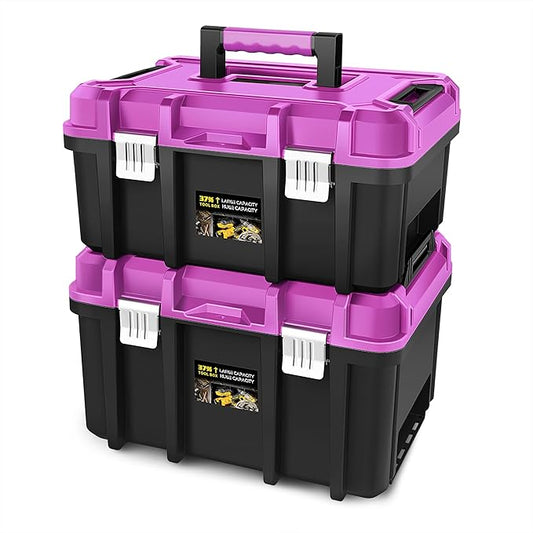DNA MOTORING 2pcs Tool Boxes Set - Lockable Organizer Storage Portable Toolbox with Removable Tray for Workshop Garage & Household, Large Capacity, TOOLS-00310-PR