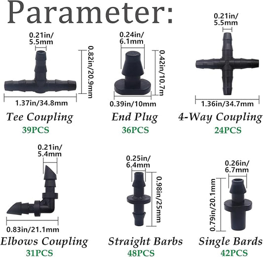 220PCS 1/4" Drip Irrigation Kit Barbed Connectors, Straight Barb, Tee, Single Barb, End Plug, Elbow, 4 Way Coupling Irrigation Fittings for Garden Lawn Flower Pot