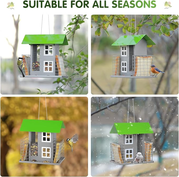 Metal Bird Feeders for Outdoors Wild Bird Feed with 2 Suet Cage Cake Squirrel Proof Hanging Feeder Large Capacity Wild Bird Feeder Easy Clean&Anti-Rust Attracting Birdhouse Green