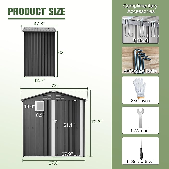 6x4 FT Metal Outdoor Storage Shed with Window, Steel Utility Tool Shed House, Garden Tool Storage Cabinet for Backyard Patio Lawn (6' x 4' No Floor Frame), Black