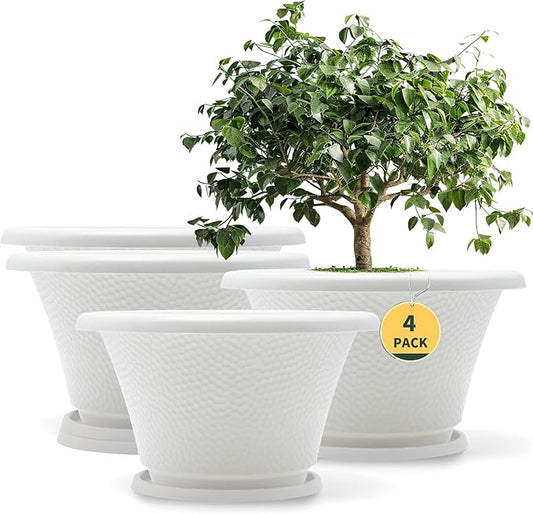 Quarut 12 Inch Plant Pot,4 Pack Large pots for Plants,Flower Pots with Drainage Hole & Saucer,Modern Planters for Indoor Outdoor Plants,Decorative Resin Garden Pots,White