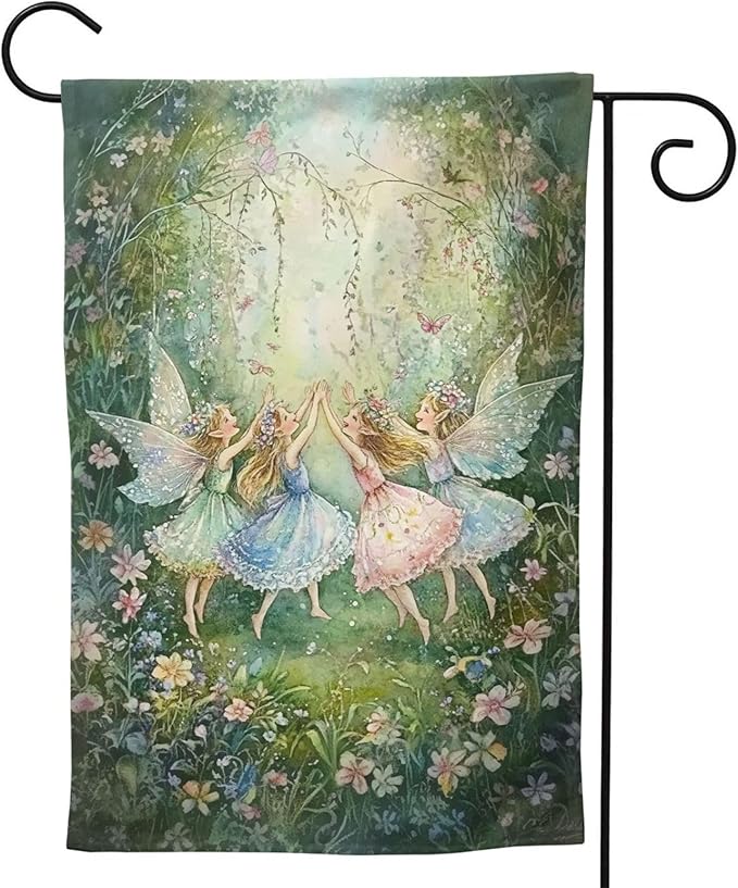 Fairy Flowers Garden Flag Vertical Double Sided Outdoor Yard Flags 12.5x18 Inch Burlap Banners for House Lawn