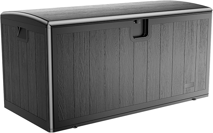 JEKO&JEKO 110 Gallon Outdoor Storage Box – Large Plastic Deck Box with Lockable Lid for Patio Furniture, Garden Supplies, and Shoes, Black