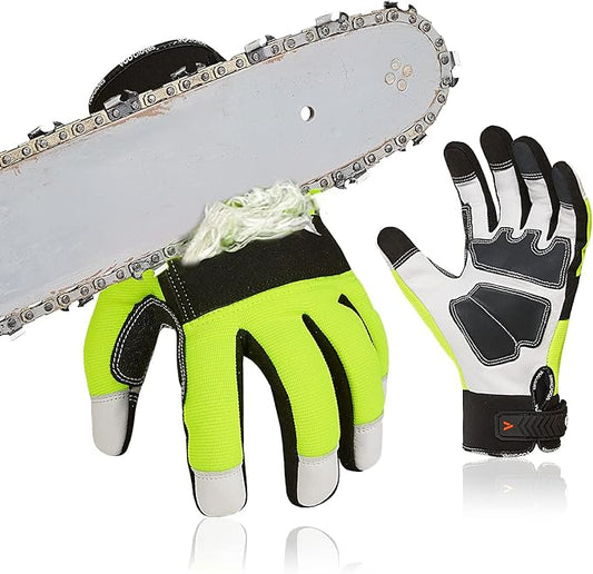 Vgo... 1Pair Chainsaw Gloves, 12-Layer Chainsaw Protection on Left Hand Back,Goat leather Work Gloves, Mechanic Gloves