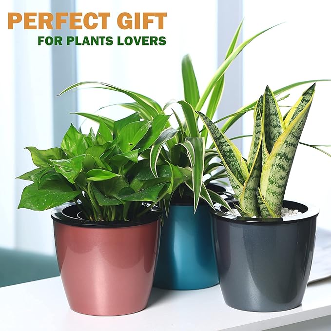 Planterhoma 6.7 Inch Self Watering Pots for Indoor Plants, 3 Packs African Violet Pots with Black Wick Pots, Self Watering Planters for Devil's Ivy, Indoor Plant Pots, Silver/Blue/Rose Gold