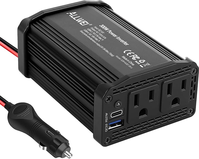 ALLWEI 300W Power Inverter 12V DC to 110V AC Car Plug Adapter Outlet Converter with 27W PD USB-C &18W USB-A Fast Charger, Car Cigarette Lighter Adapter for Laptop Tablets Phones - Portable - Black