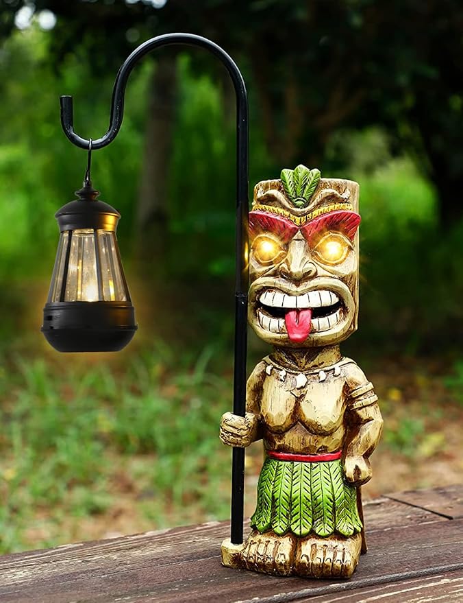 16.7" H Tiki Decor Garden Statue,Large Lantern Tiki Figurine with Solar Lights,Hawaiian Tiki Man Outdoor Patio Yard Lawn Bar Party Beach Pool Pond Halloween Christmas Decoration Ornament Gifts