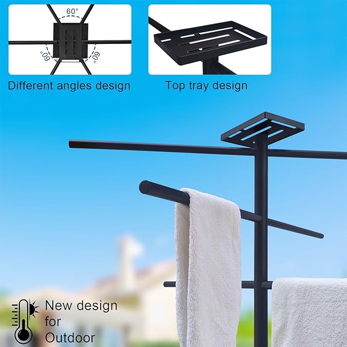 Swimming Pool Towel Rack with Tray, 304 Stainless Steel 6 Arms Freestanding Swimming Pool Towel Holder,Black Marble Base Outdoor Bath Sheet Drying Bar for Spa, Hot Tub & Patio
