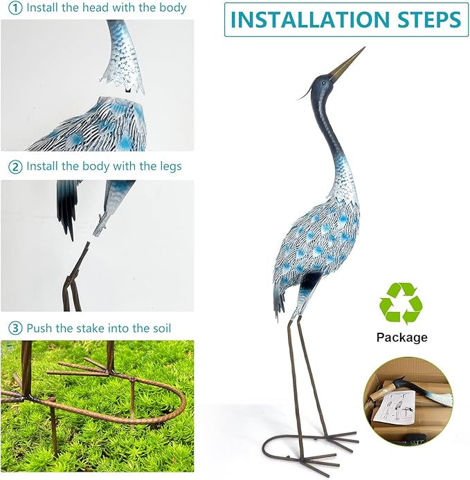 HONGLAND Garden Crane Statues Blue Heron Sculptures for Outdoor Metal Large Birds Lawn Ornaments for Yard Patio Porch Outside Decorations,Set of 2