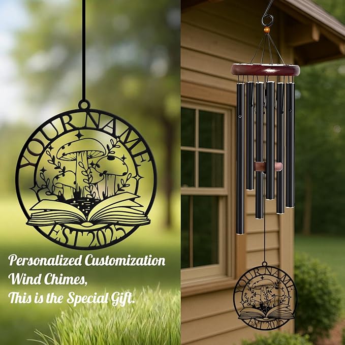 Personalized Customize Name Fantasy Mushroom Wonderland Wind Chime, Metal Iron 37 Inch Outdoor Memorial Gift for Garden Yard Patio Home Decor, Black (Style C)