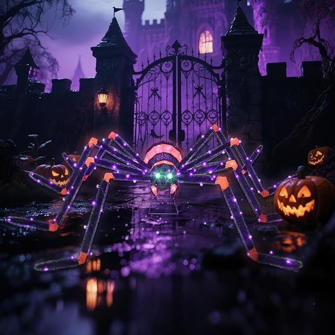 HOYECHI Halloween Decorations Giant Spider 6.8ft - Big Spider Holiday Decor Outdoor, Light Up Spider with 115 LED Lights for Front Yard Porch Gardens Party Outside Halloween Decorations - Black