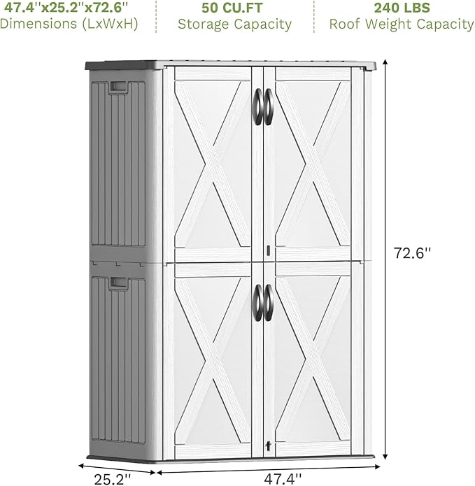 Patiowell 50 Cu.ft Outdoor Storage Cabinet with Lockable Door, Waterproof Horizontal Storage Shed for Tools and Patio Furniture, All-Weather Resin Shed Easy Assemble for Pool or Backyards, White