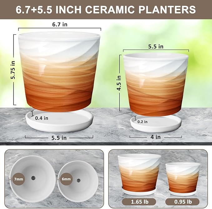 6.7 + 5.5 Inch Plant Pot, Ceramic Planter with Drainage and Saucer,Ceramic Pots for Plants, Indoor Plant pots,planters for Indoor Plants(Khaki + White)