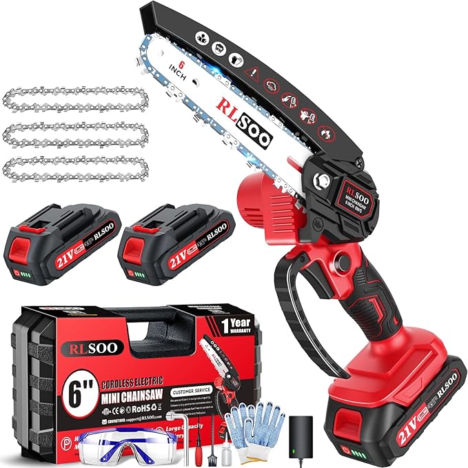 Mini Chainsaw Cordless, Upgraded 6 Inch Handheld Chain Saw Battery Powered with 2 Batteries and 3 Chains, Portable Small Electric Tree Trimmer for Wood Cutting, Courtyard and Household