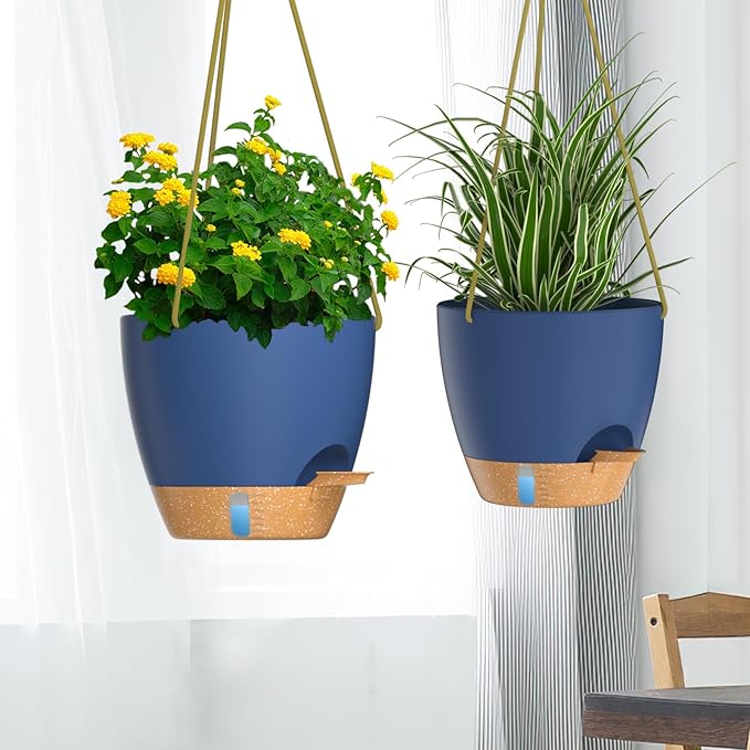 ZMTECH Hanging Planter 10 Inch, 2 Pack Hanging Baskets for Plants Indoor, Hanging Flower Pots with Drainage Hole, Visual Reservoir & 2 Kinds of Plant Hangers for Outdoor Garden Home Decor
