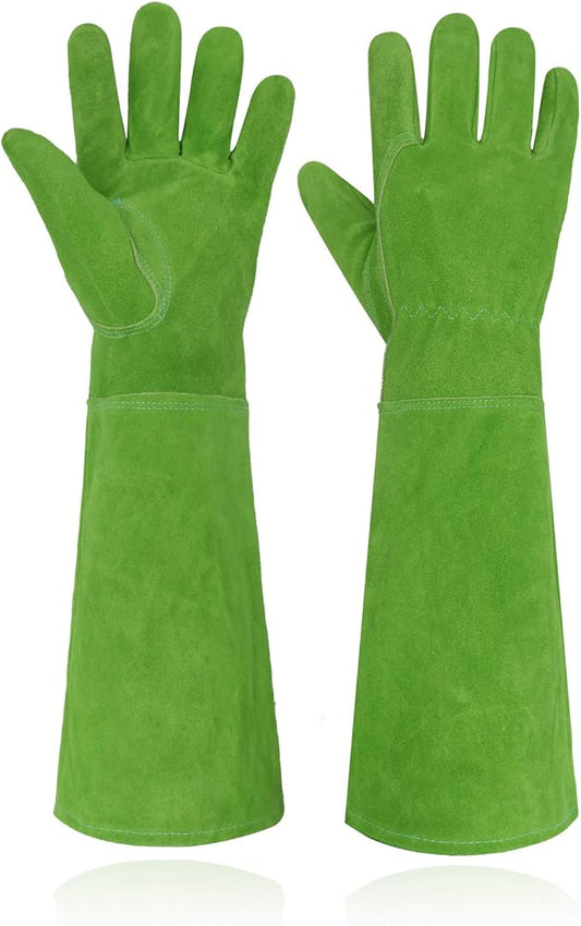 HANDLANDY Ladies Leather Gardening Gloves, Thorn Proof Long Gauntlet Heavy Duty Garden Gloves, Elbow Length Women Rose Pruning Gloves (Medium, Green)