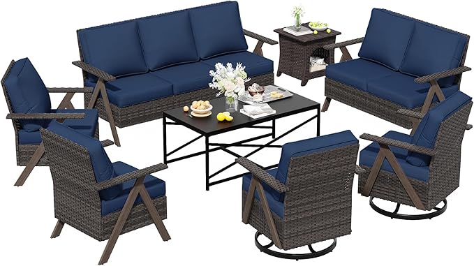 8 Pieces Patio Furniture Set,Outdoor Loveseat Sofa & High Back Swivel Rocker Patio Chairs, Wicker Conversation Set with Coffee Table and Side Table for Deck Yard and Poolside